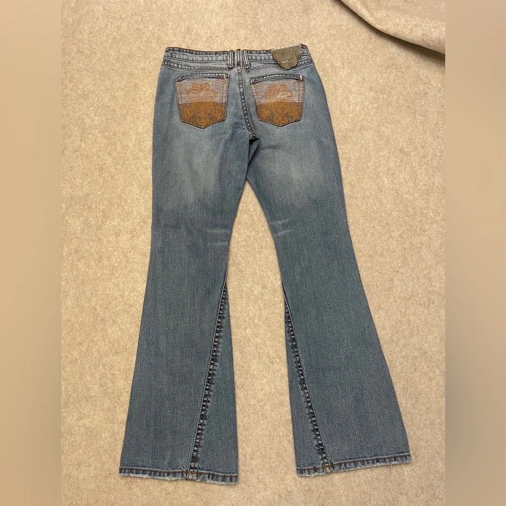 Industrial Cotton Y2K Low Rise Flare Embroidered Blue Denim Jeans Junior Size 13